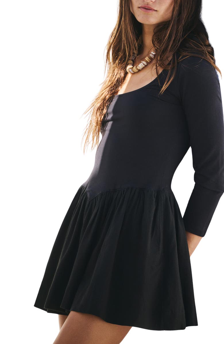 Free People Onda Long Sleeve Stretch Cotton Minidress, Alternate, color, Black