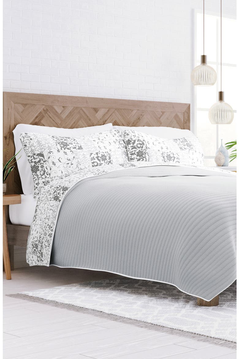 All Season Patchwork 3-Piece Down Alternative Reversible Quilt Set, Alternate, color, LIGHT GRAY