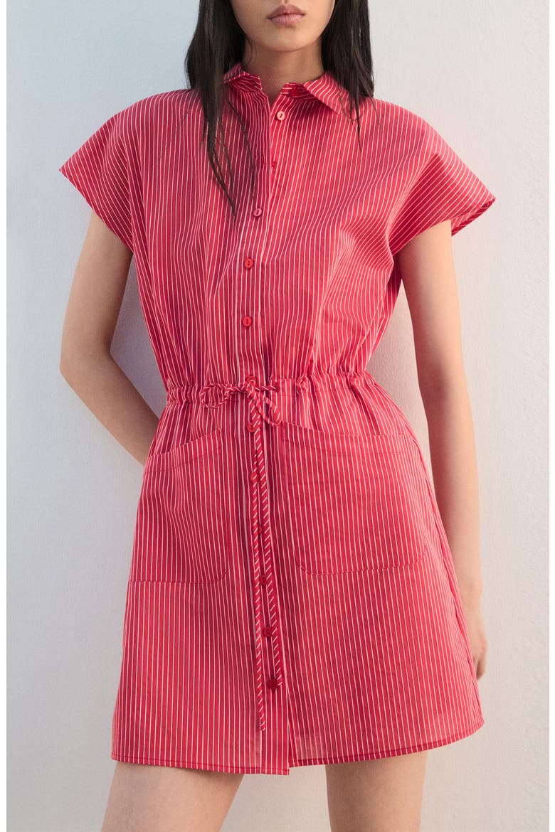 Stripe Tie Waist Shirtdress, Main, color, RED