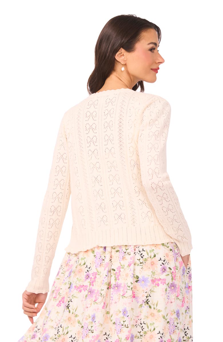 CeCe Pointelle Stitch Bow Cotton Cardigan, Alternate, color, Eggnog