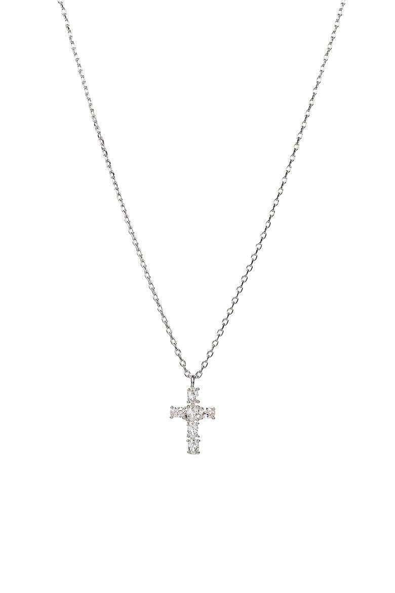 14k Gold Plated Evelina Crystal Cross Necklace Gift Guide, Main, color, Silver