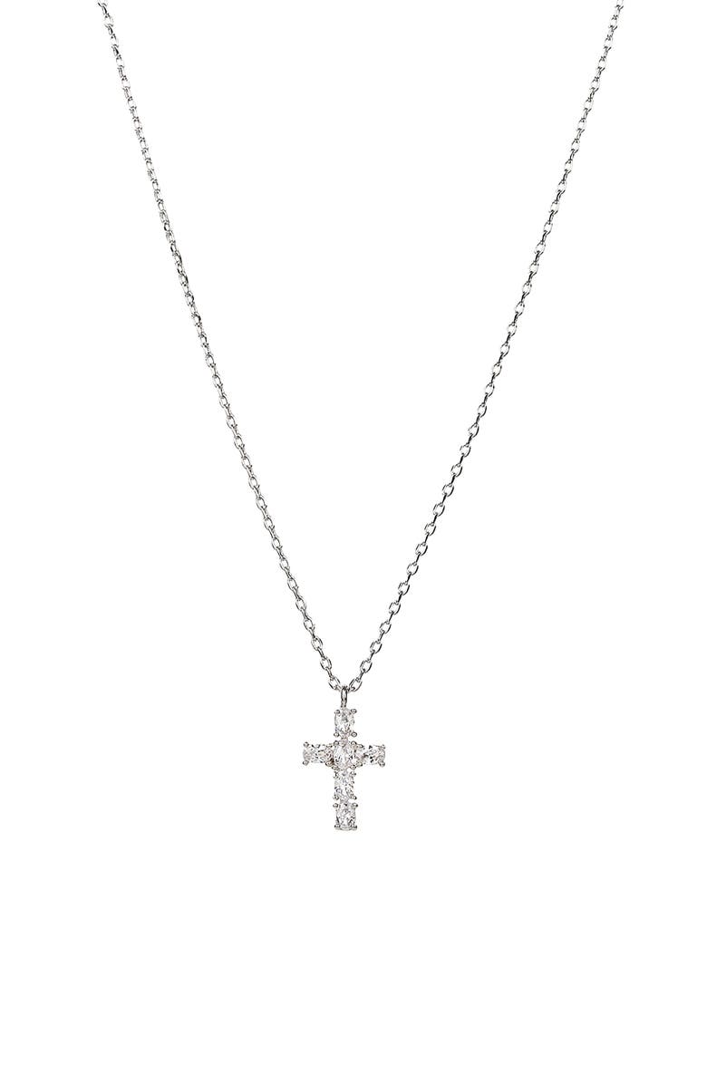 Bearfruit Jewelry 14k Gold Plated Evelina Crystal Cross Necklace Holiday Gift Guide, Main, color, Silver