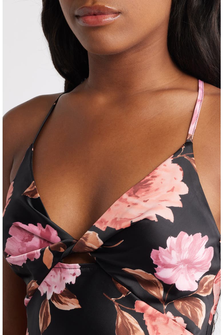 Floral Sprint Sleevless Satin Cocktail Dress, Alternate, color, BLACK / PINK