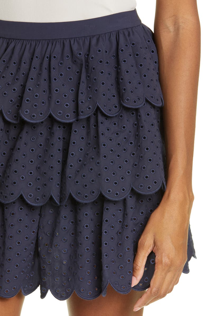 JASON WU Scallop Tiered Cotton Blend Eyelet Skirt, Alternate, color, Navy