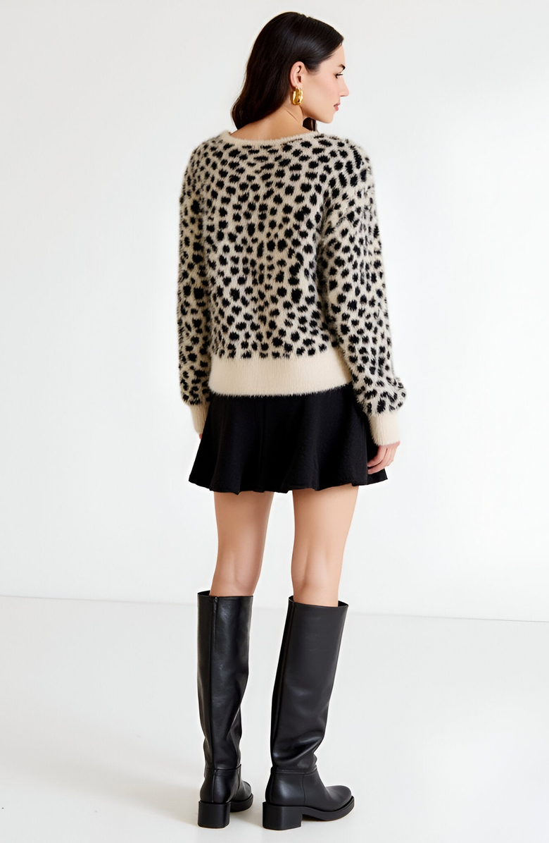Modenaire Leopard Fuzzy Tie-Front Contrast Hem Cardigan, Alternate, color, 