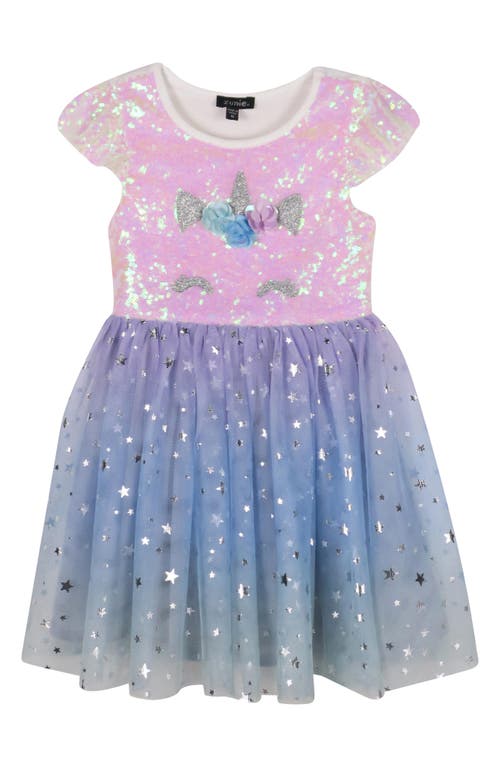 Zunie Kids' Unicorn Sequin Star Mesh Party Dress in Purple/Ivory 