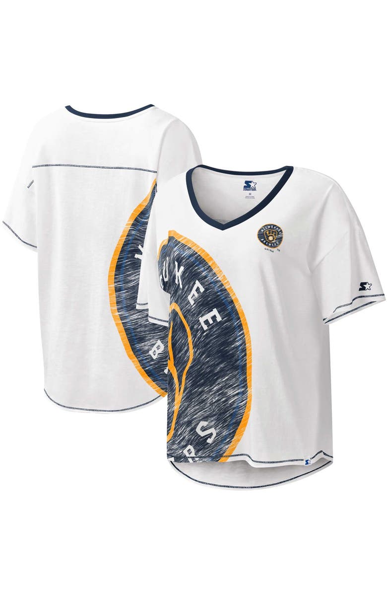 STARTER Women's Starter White Milwaukee Brewers Perfect Game V-Neck T-Shirt, Alternate, color, White