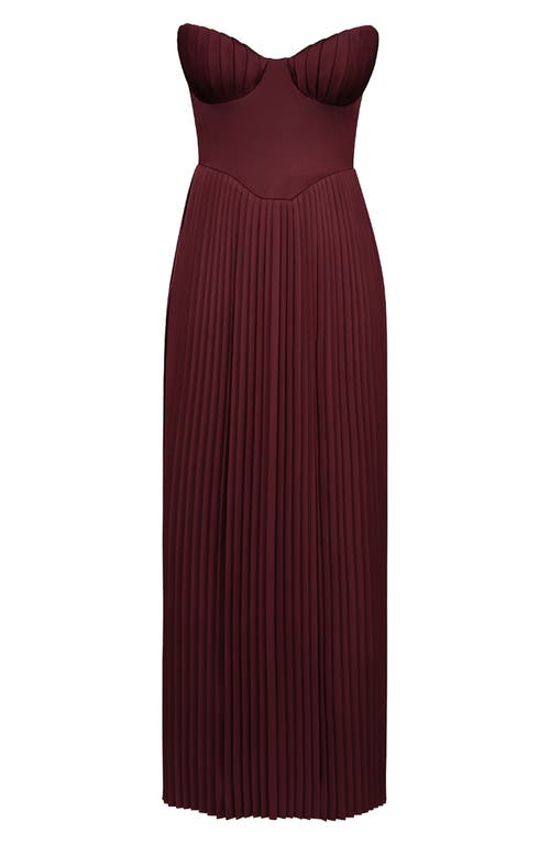 House Of Cb Marcella Strapless Pleated Georgette Gown In Cabernet