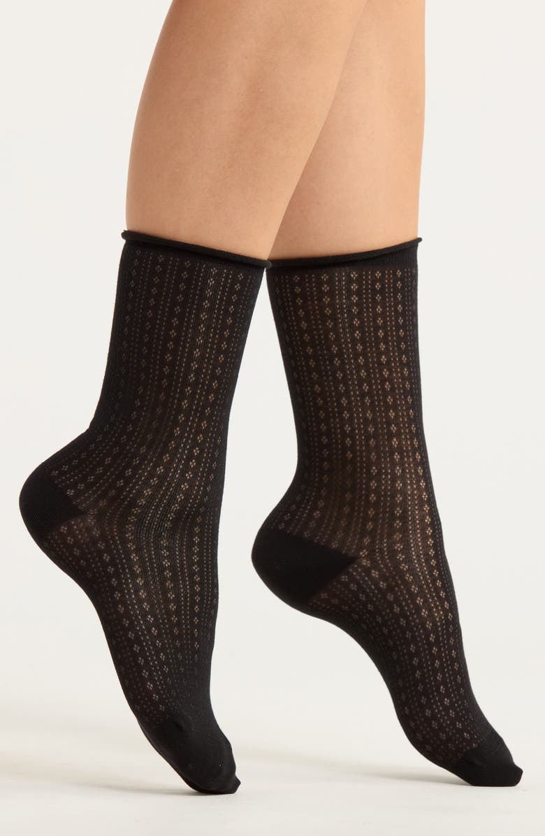 Casa Clara Lilas Pointelle Stitch Crew Socks, Main, color, Black