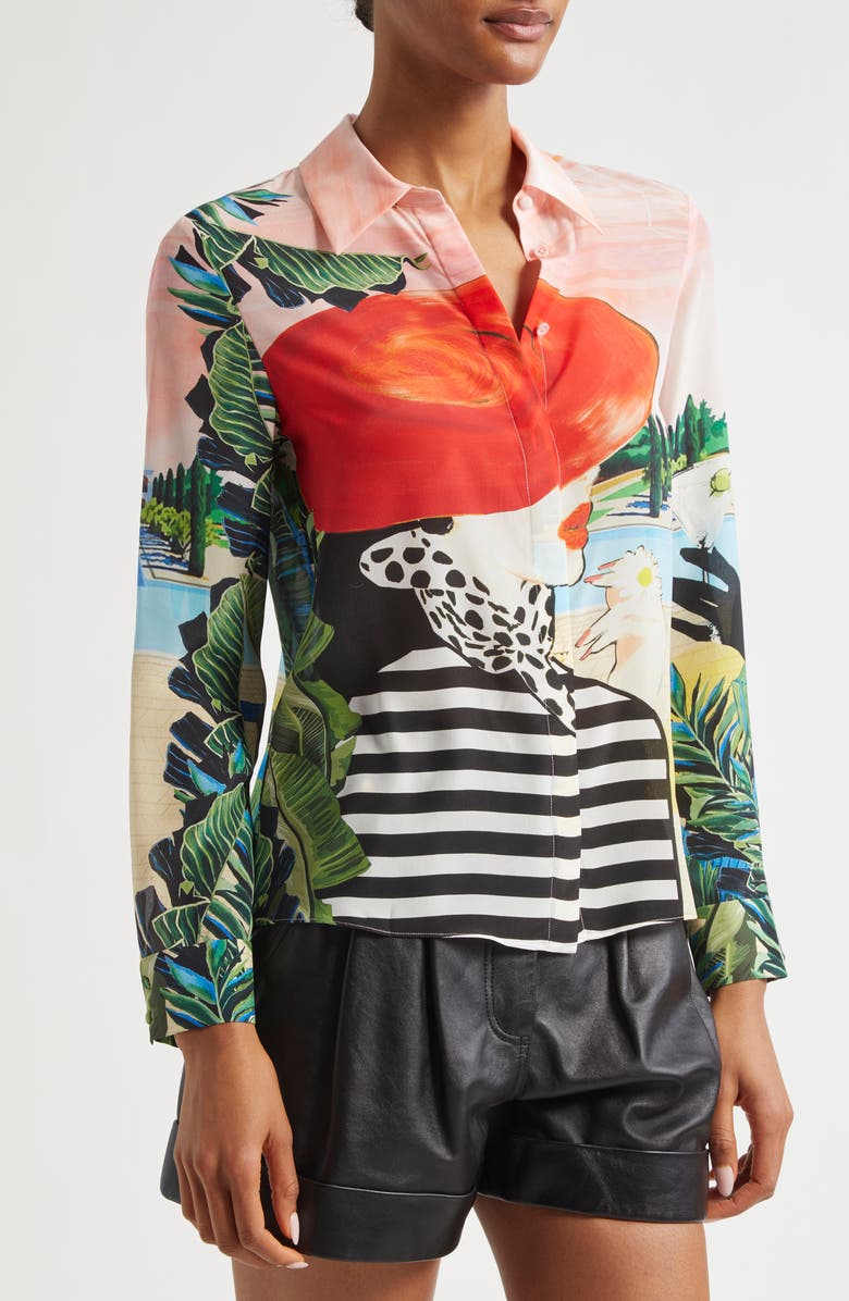 Alice + Olivia Willa Mixed Print Silk Button-Up Shirt, Alternate, color, 
