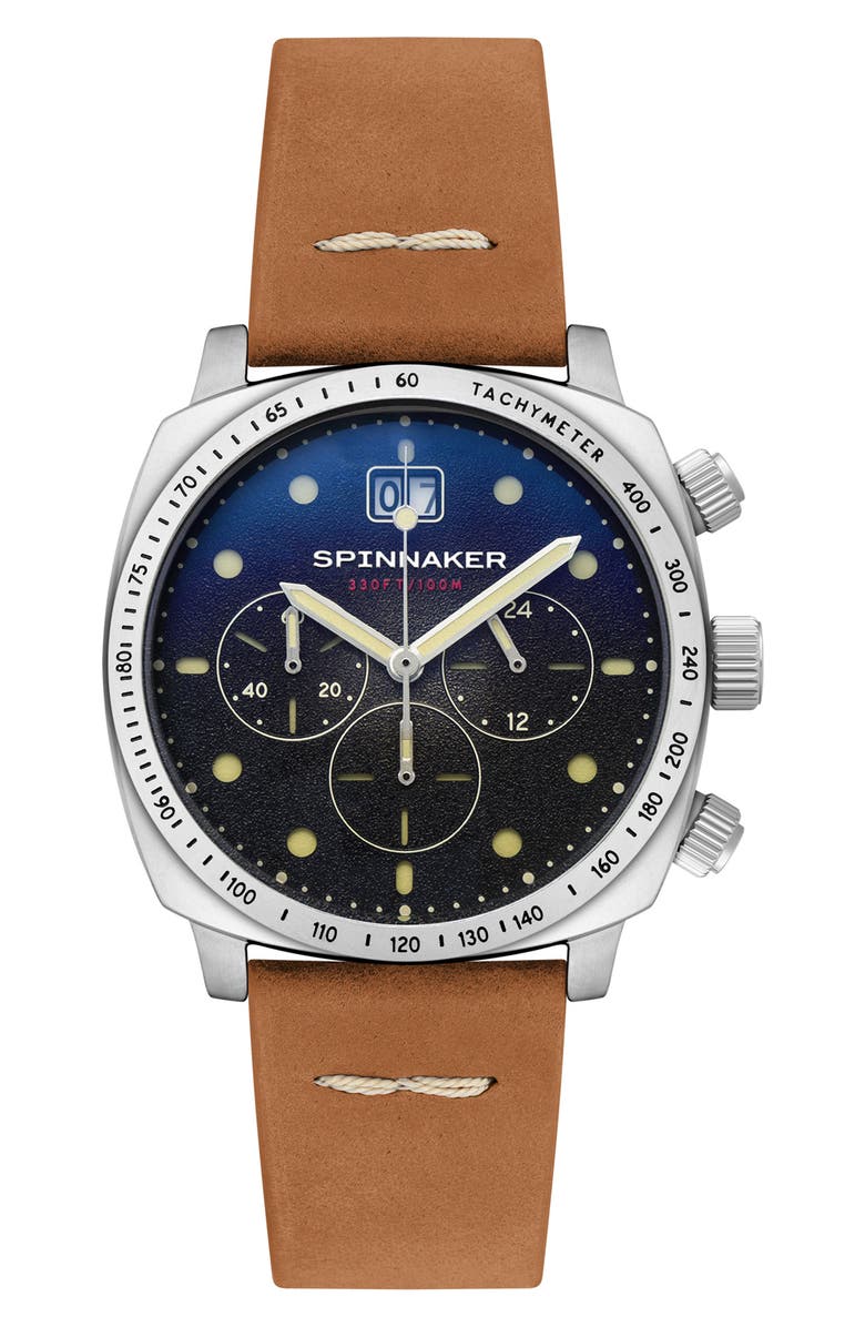 SPINNAKER Hull Chronograph Leather Strap Watch, 42mm, Main, color, Black Blue Dial