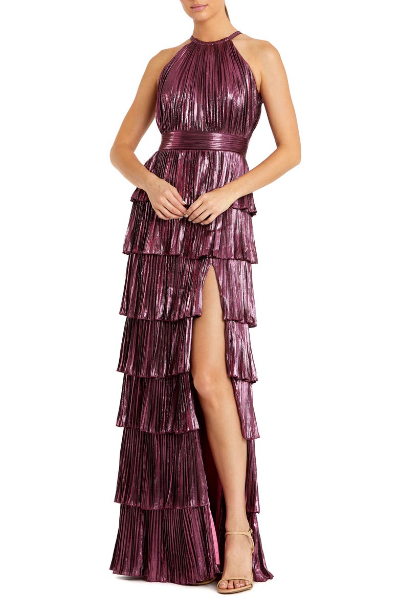 Mac Duggal High Neck Heat Pleated Tiered Ruffle Metallic Gown, Main, color, Rose