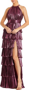 Mac Duggal High Neck Heat Pleated Tiered Ruffle Metallic Gown