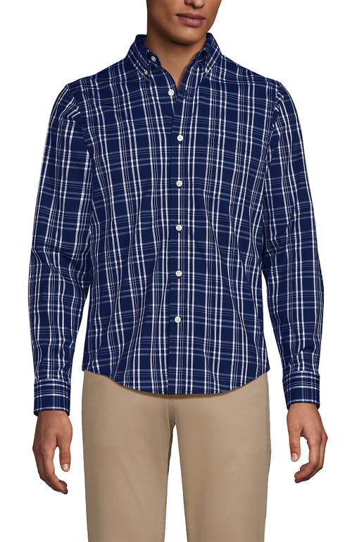 Lands' End Long Sleeve Tailored Fit Travel Kit Shirt In Deep Sea Navy/white Plaid