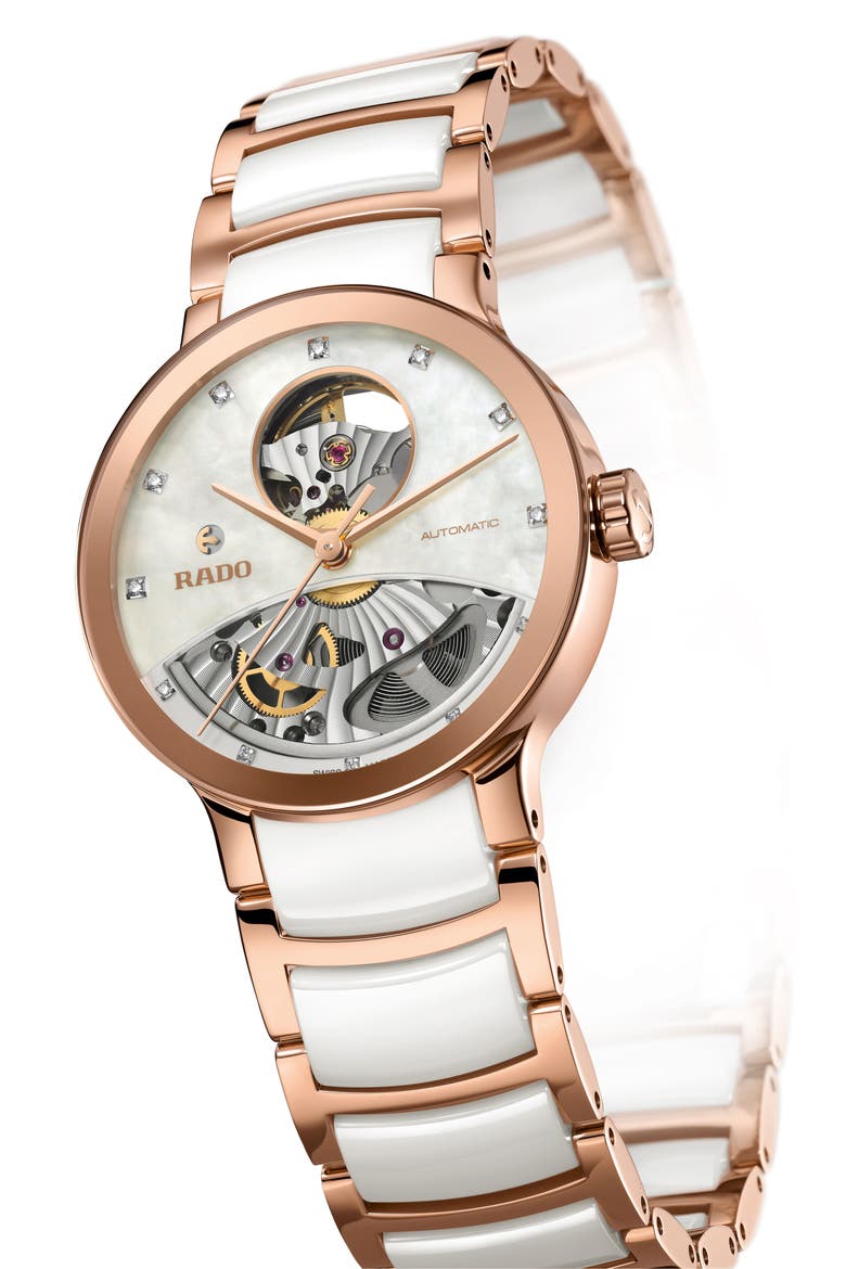 Centrix Open Heart Automatic Diamond Ceramic Bracelet Watch, 33mm, Alternate, color, WHITE/ MOP/ ROSE GOLD