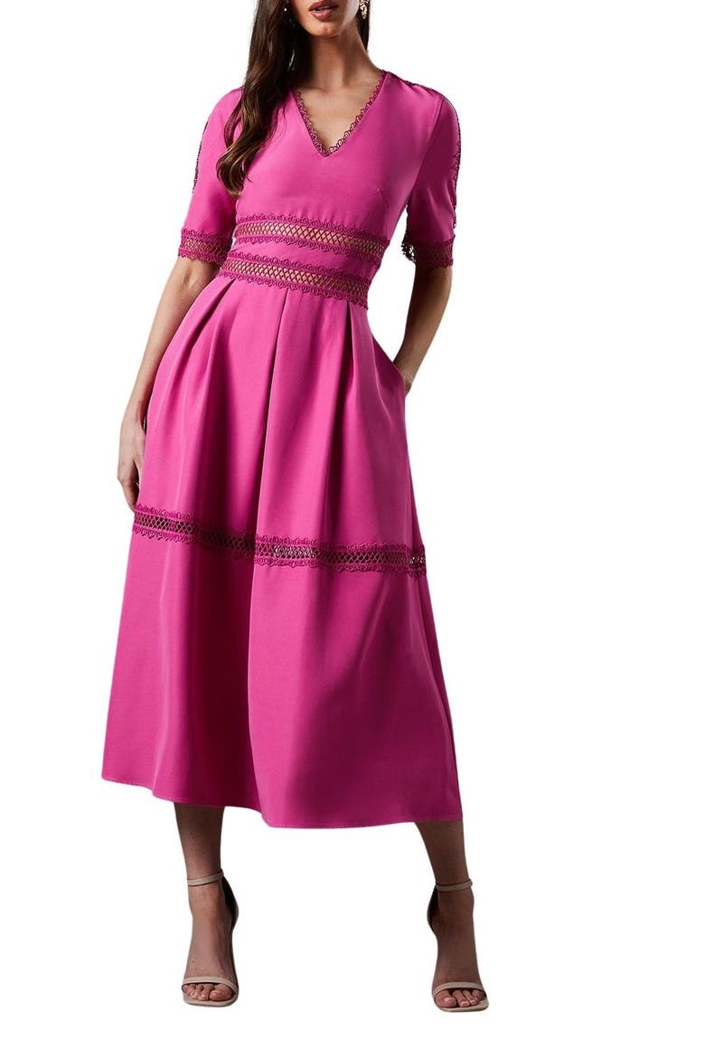 Crochet Insert Crepe V-Neck Midi Dress, Alternate, color, Pink