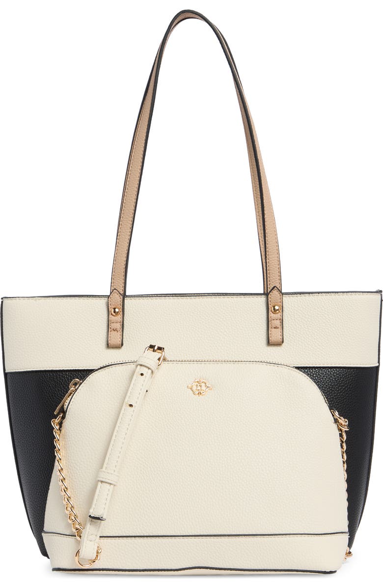 Nanette Lepore Sabine Colorblock Tote Bag & Pouch, Alternate, color, Black - Rice - Warm Taupe