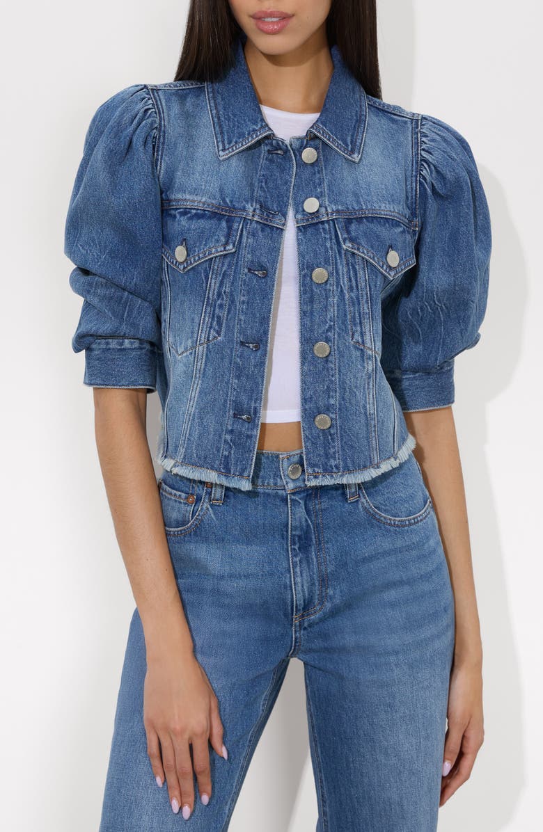 Alice + Olivia Lana Puff Sleeve Raw Hem Denim Jacket, Main, color, Brooklyn Blue