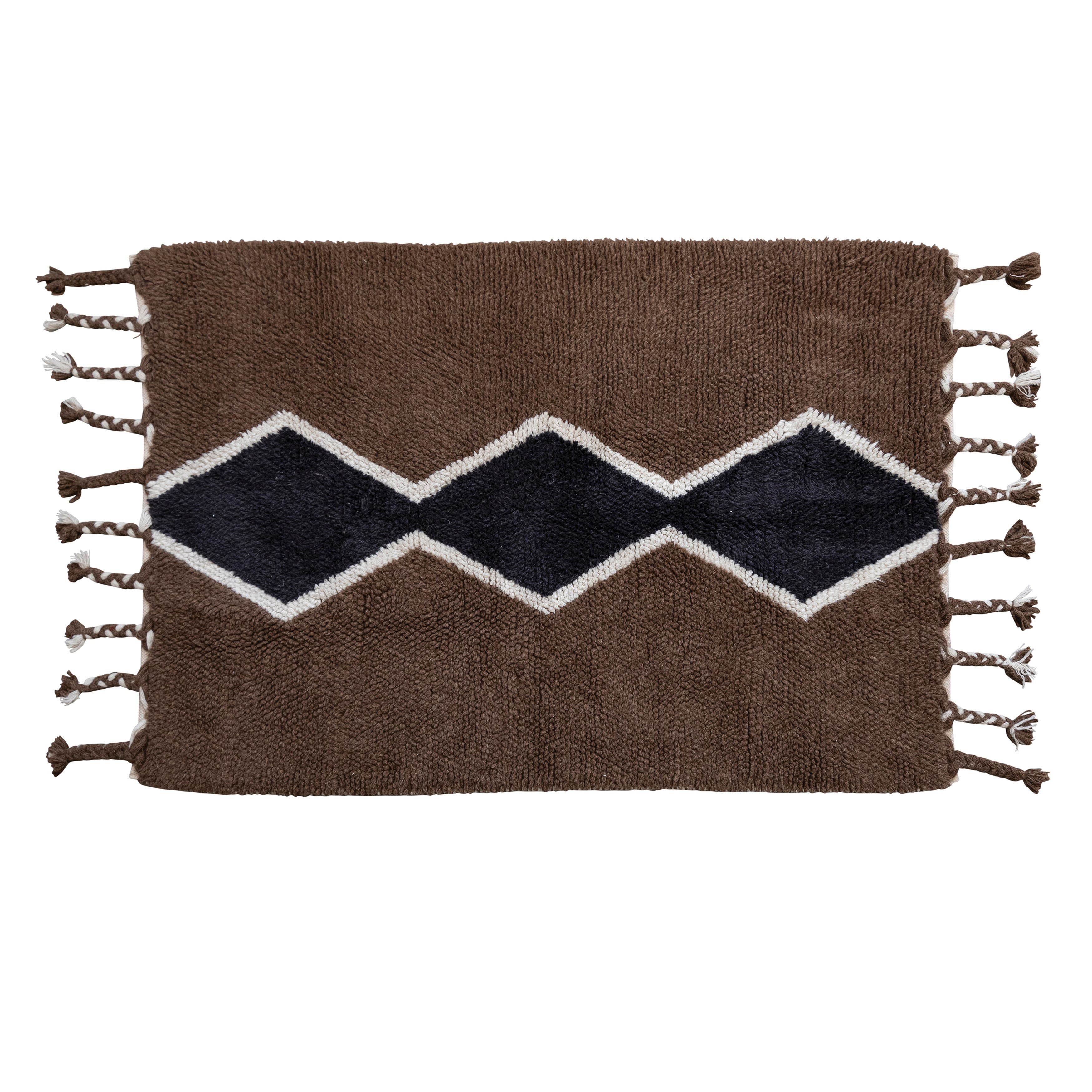 Storied Home Cotton And Wool Blend Rug With Pattern And Braided Tassels, Brown, Black, And Cream