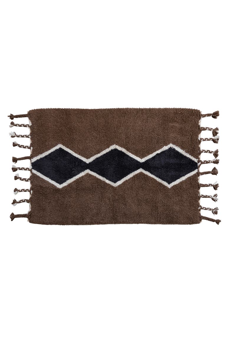 Cotton and Wool Blend Rug with Pattern and Braided Tassels, Brown, Black, and Cream, Main, color, Cream