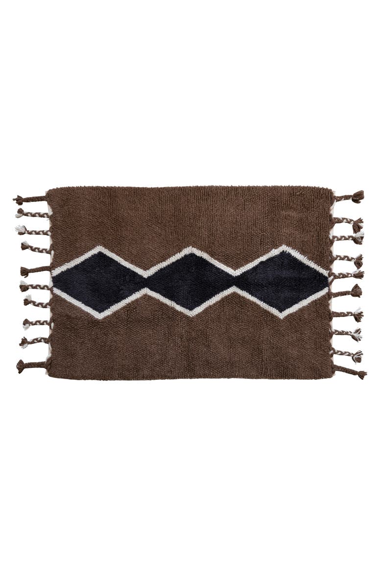 Storied Home Cotton and Wool Blend Rug with Pattern and Braided Tassels, Brown, Black, and Cream, Main, color, Cream