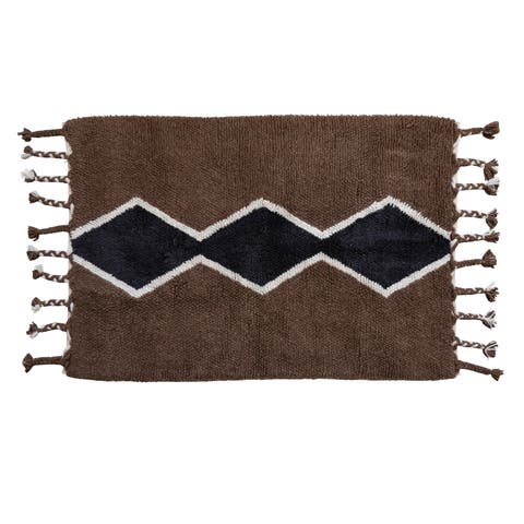 Cotton and Wool Blend Rug with Pattern and Braided Tassels, Brown, Black, and Cream