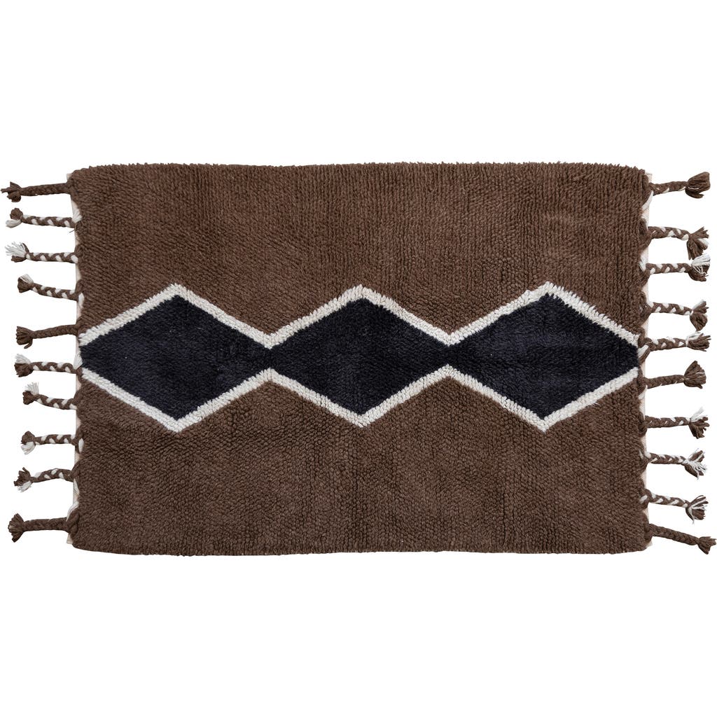 Storied Home Cotton And Wool Blend Rug With Pattern And Braided Tassels, Brown, Black, And Cream