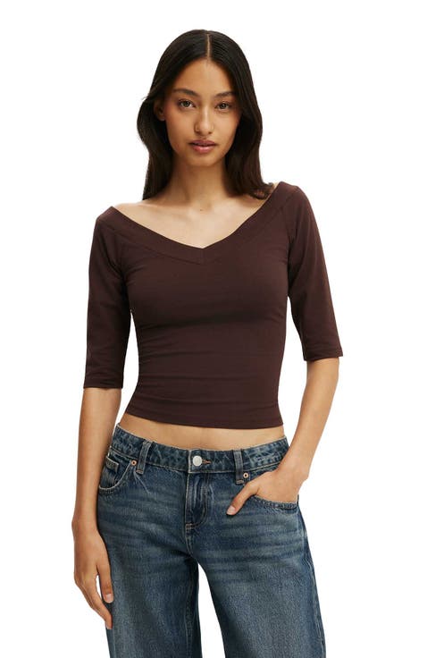 Women's Bella Off Shoulder V Neck 3/4 Tee