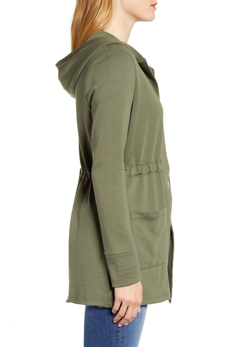 Hooded French Terry Cardigan, Alternate, color, GREEN BEETLE