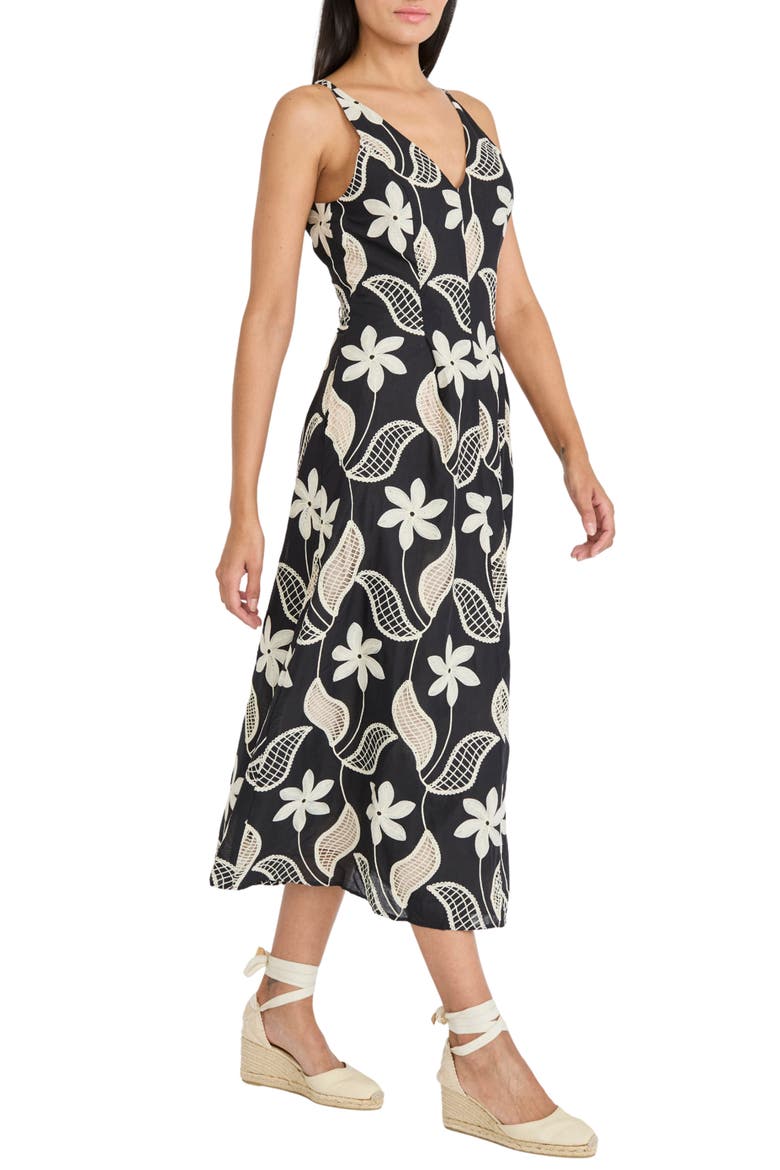 Embroidered Sleeveless Cotton Midi Dress, Alternate, color, BLACK/ CREAM