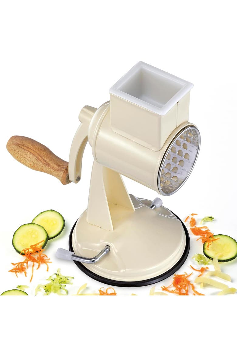 Classic Drum Grater with Suction Base, 2 Grating Drums, Pestle, and Vegetable Cutter, Alternate, color, Cream