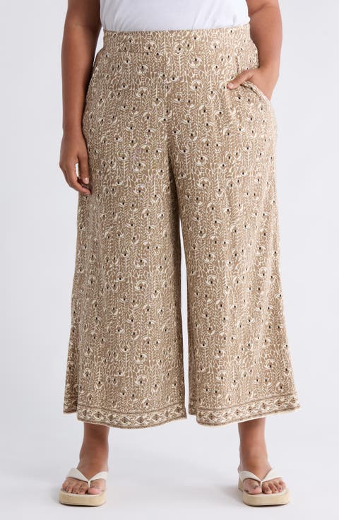 Print Crop Wide Leg Pants (Plus)
