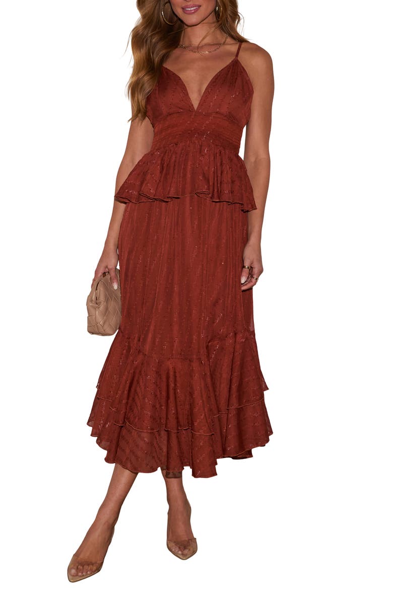 VICI Collection Love Waist Metallic Ruffle Sleeveless Maxi Dress, Main, color, 