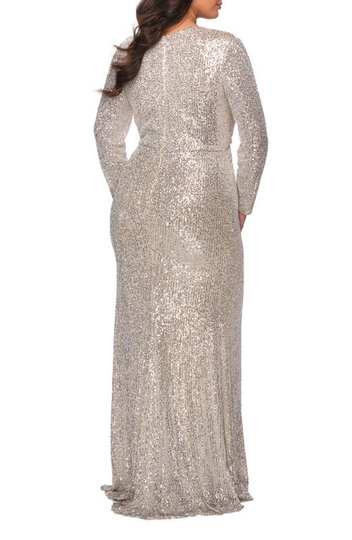 La Femme Long Sleeve Sequin Plus Size Dress With Slit In Silver
