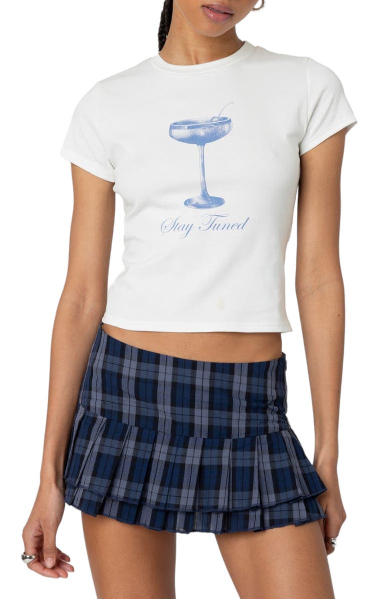 EDIKTED Tuned In Stretch Cotton Graphic Baby Tee, Main, color, White