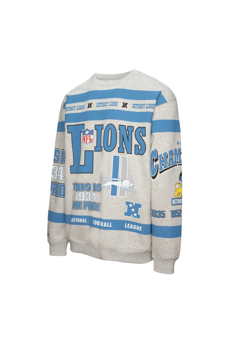 Men's Mitchell & Ness  Heather Gray Detroit Lions All Over Print Vintage Fleece Crewneck Sweatshirt, Alternate, color, Heather Gray