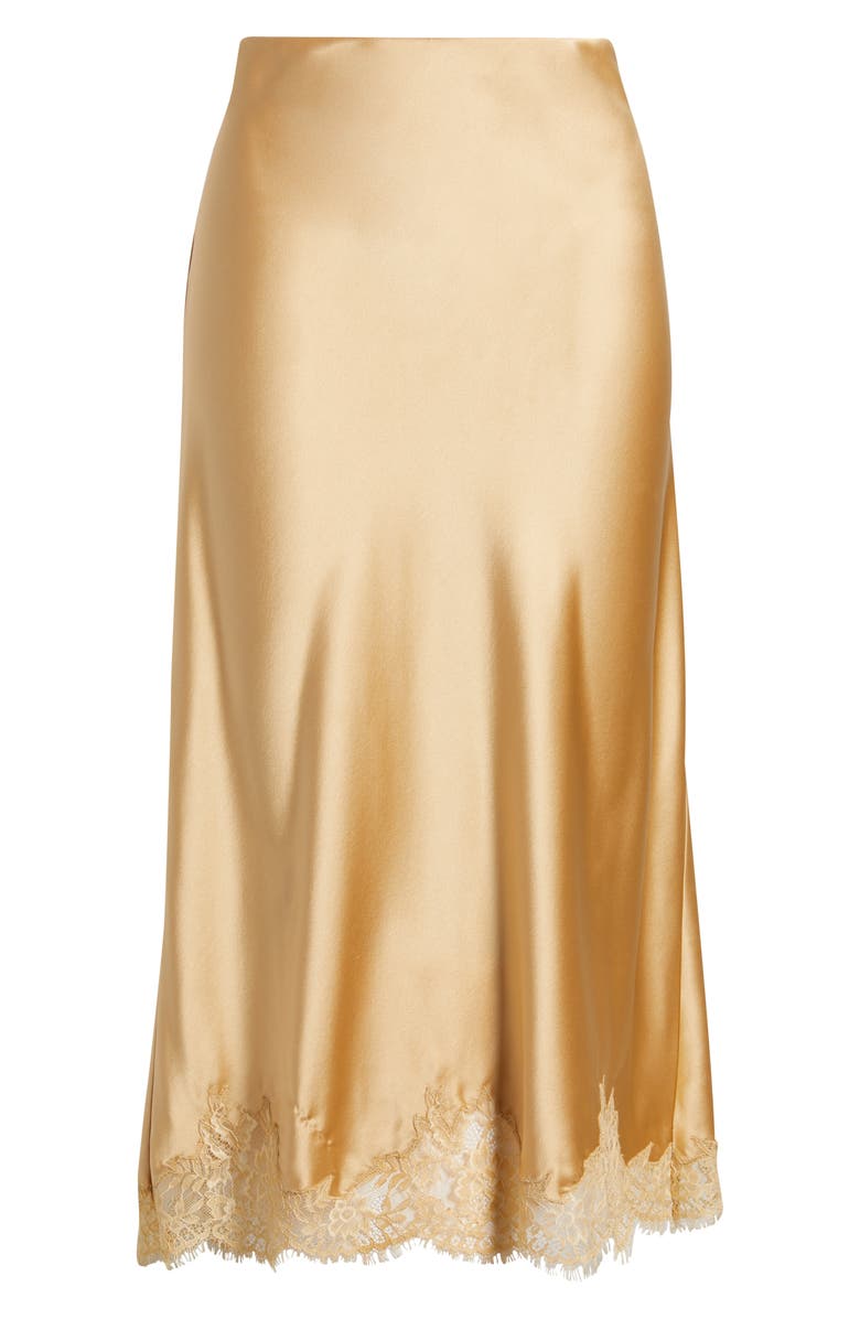 LoveShackFancy Malina Lace Detail Silk Skirt, Alternate, color, Camel Charm