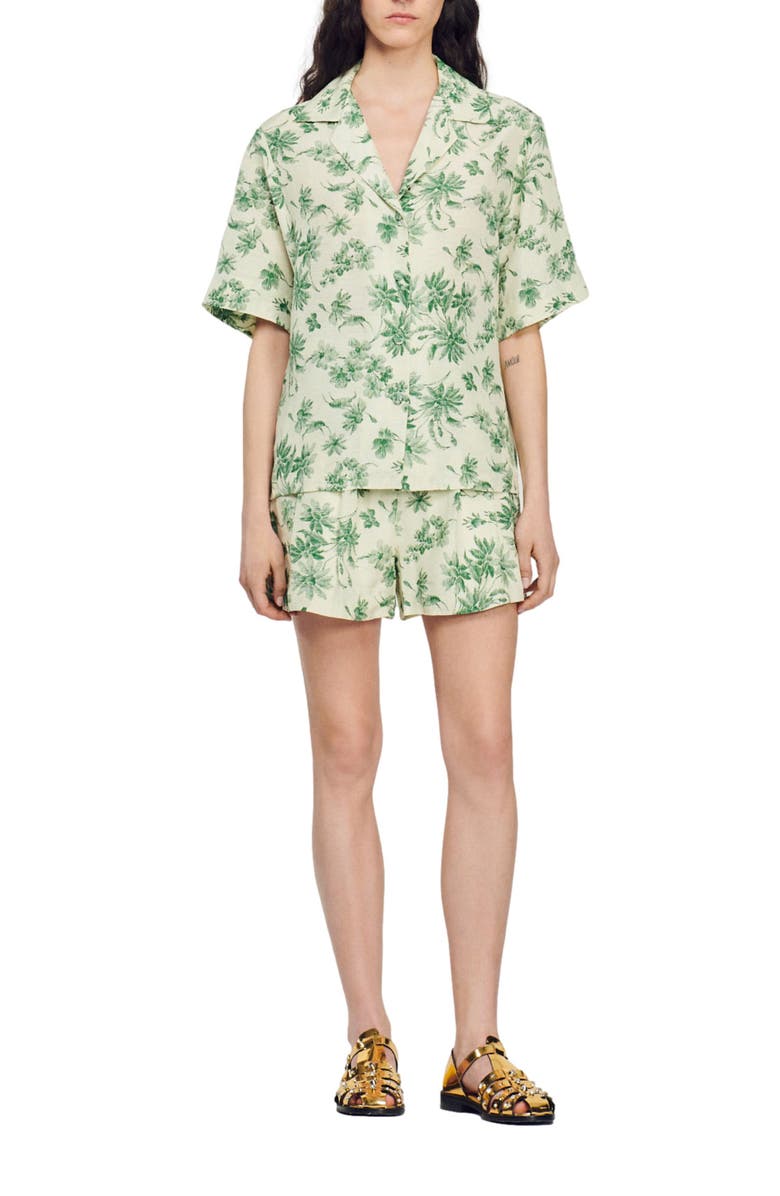 SANDRO Bourget Short Sleeve Linen Blend Camp Shirt, Alternate, color, Ecru - Vert
