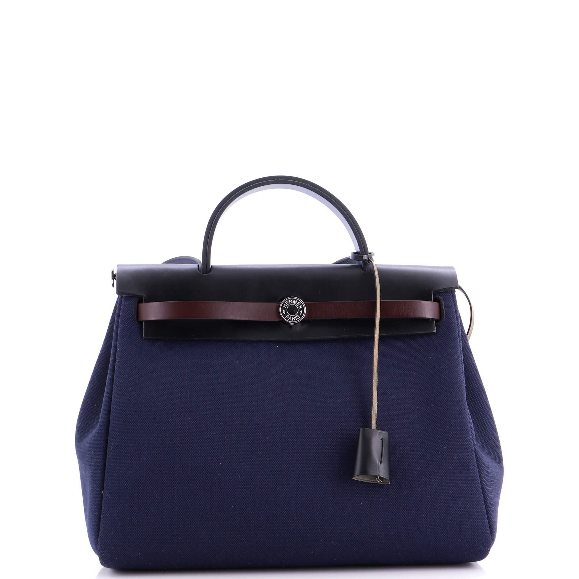 Pre-Owned Hermes Herbag Zip Leather and Toile 31, Main, color, Bleu Nuit