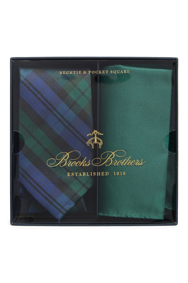 Black Watch Plaid Tie & Pocket Square Set, Main, color, NAVY