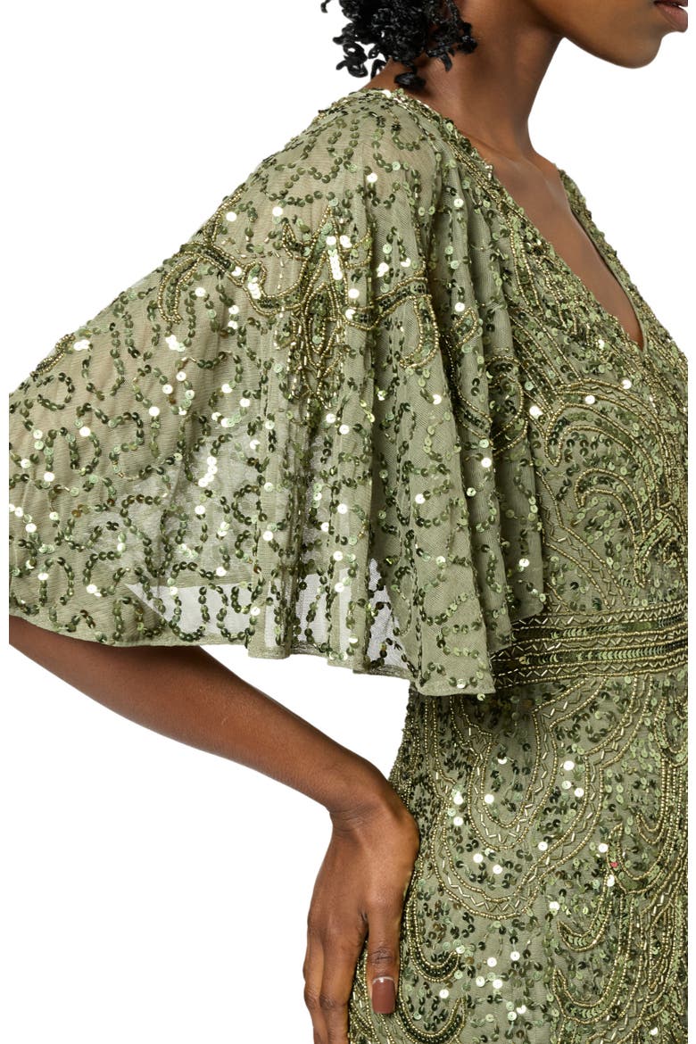 Occasion Embellished Sequin Beaded V Neck With Short Sleeves Evening Dress, Alternate, color, OLIVE