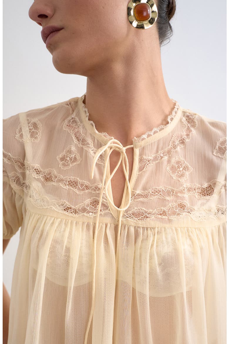 Sheer Tie Neck Lace Trim Top, Alternate, color, IVORY