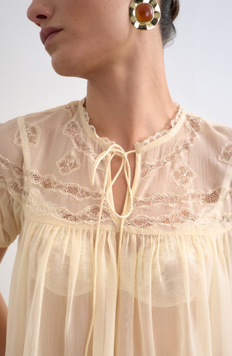 Topshop Sheer Tie Neck Lace Trim Top, Alternate, color, Ivory