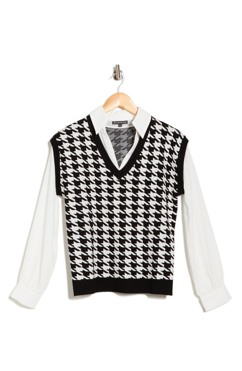 Adrianna Papell Jacquard Twofer Top, Alternate, color, Black Houndstooth W/ Ivory