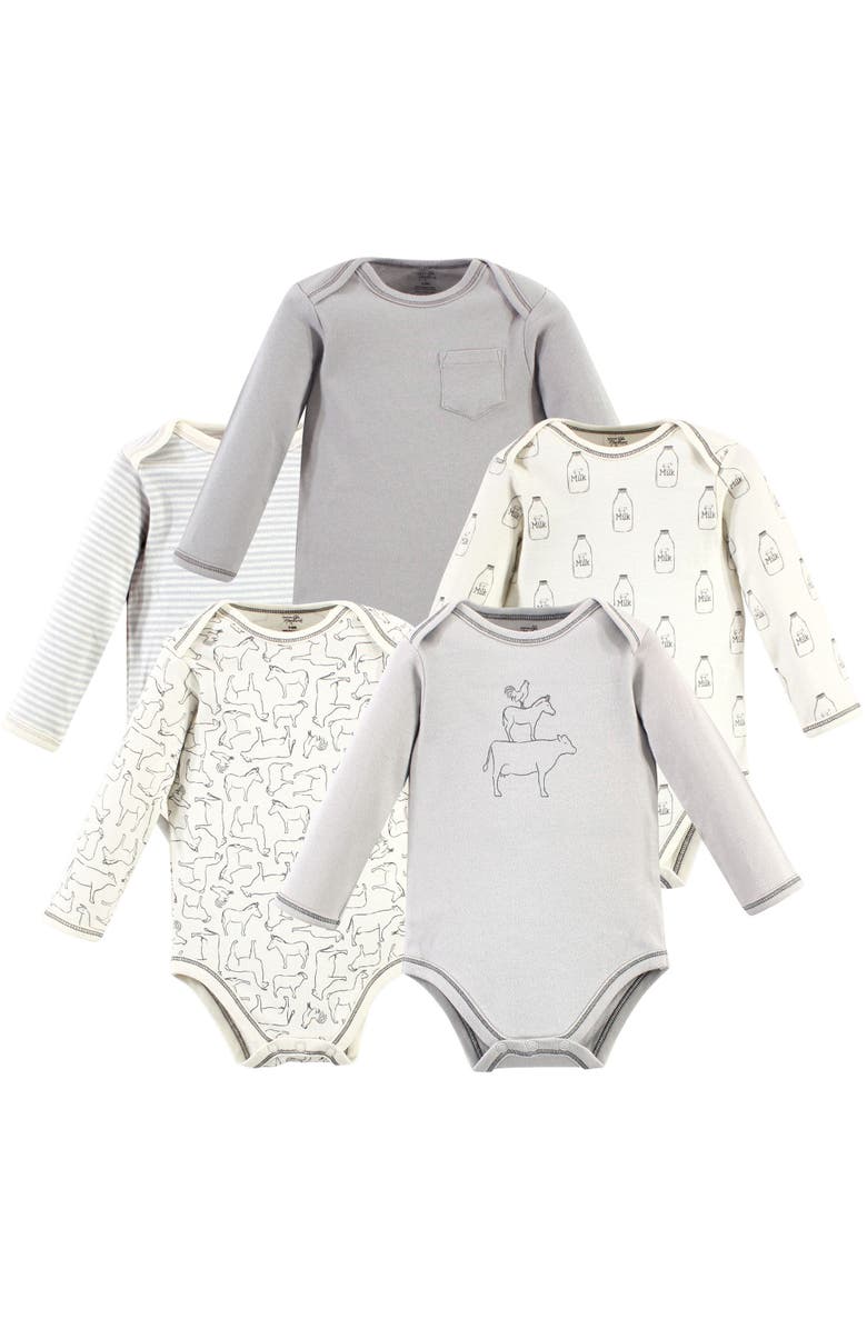 Touched by Nature Organic Cotton Long-Sleeve Bodysuits, Main, color, Farm Friends