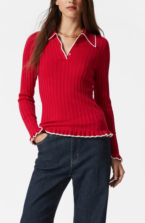 Tipped Ribbed Ruffle Trim Polo Sweater