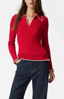 & Other Stories Tipped Ribbed Ruffle Trim Polo Sweater
