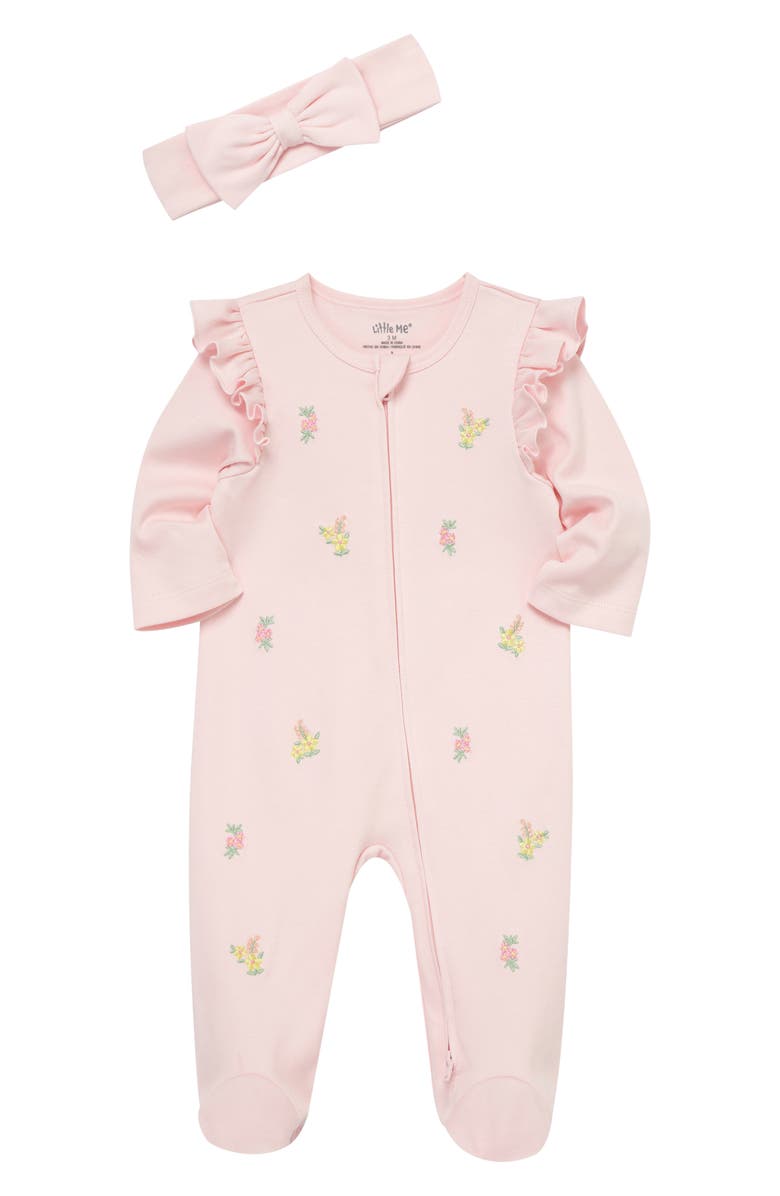 Little Me Floral Embroidered Cotton Footie & Headband Set, Main, color, Pink
