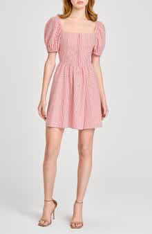 WAYF Leonie Print Puff Sleeve Linen Blend Minidress