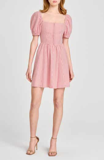 WAYF Leonie Print Puff Sleeve Linen Blend Minidress